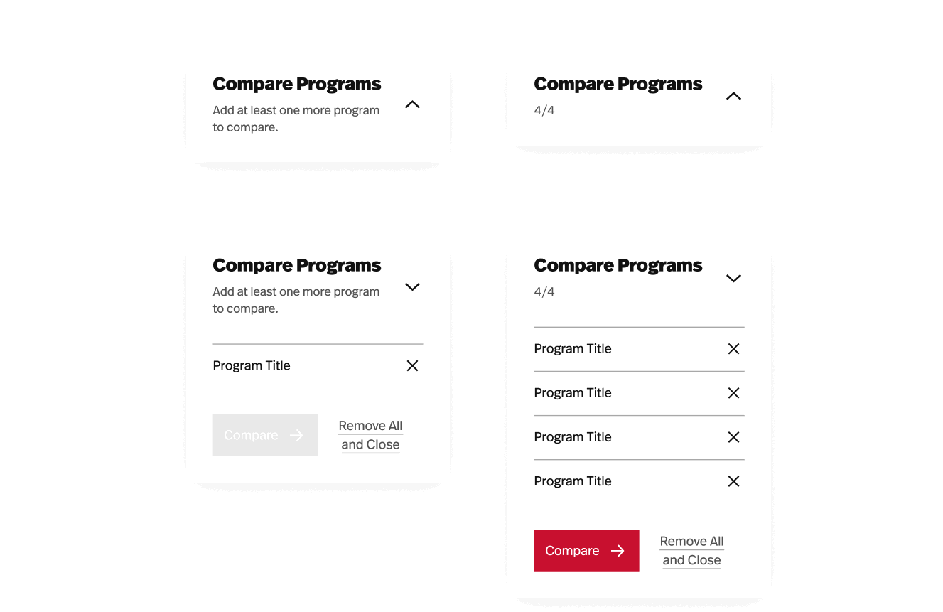 Image showing four UI elements for comparing programs. Top left: "Add at least one more program to compare." Top right: "4/4." Bottom left: includes a button "Remove All and Close." Bottom right: list of programs with options to remove.